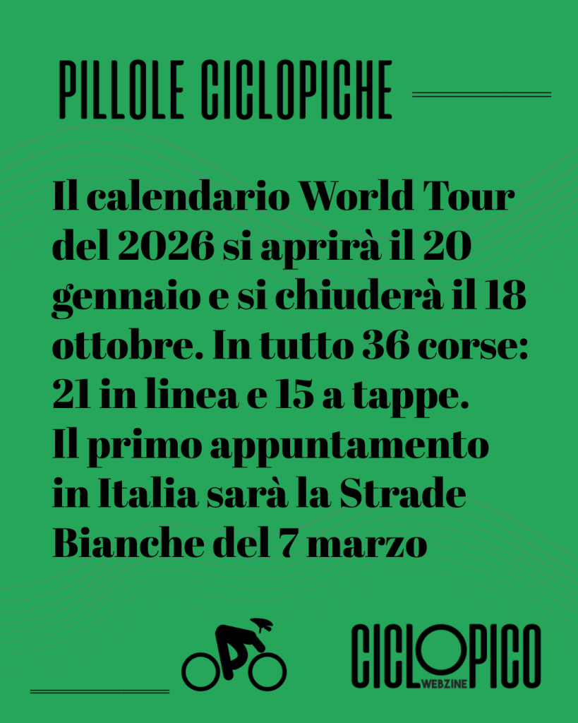 Calendario World Tour 2026: le date delle corse più prestigiose della prossima stagione 1 Calendario World Tour 2026. Prima corsa italiana la Strade Bianche del 7 marzo