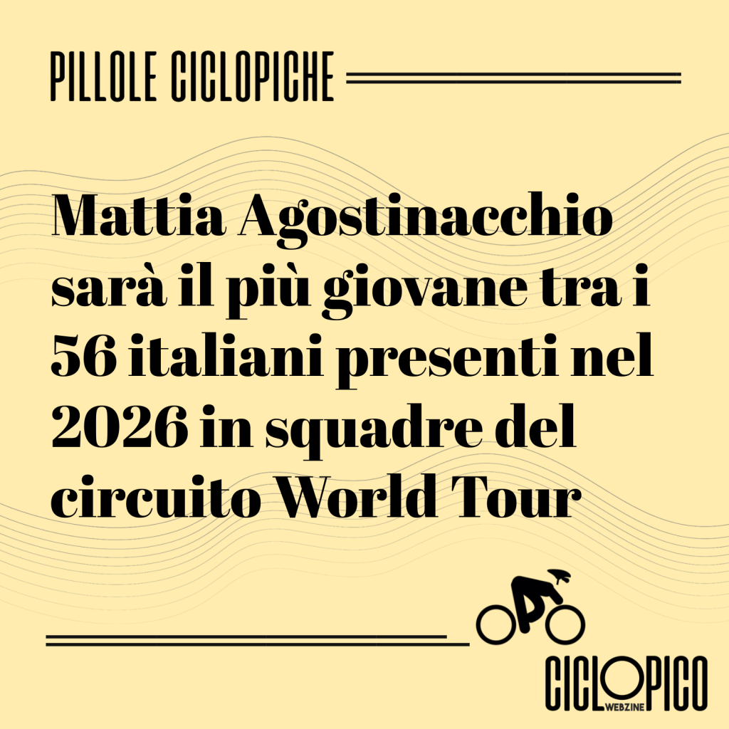 Squadre World Tour 2026: sono 56 gli italiani sui 522 ciclisti del più prestigioso circuito UCI 2 Squadre World Tour 2026, Mattia Agostinacchio l'italiano più giovane