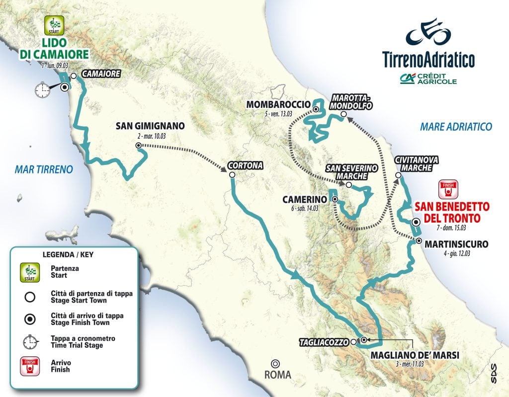 Tappa 1 UAE Tour 2026: vittoria e primato in classifica per Isaac Del Toro 2 Tirreno Adriatico 2026, planimetria generale.