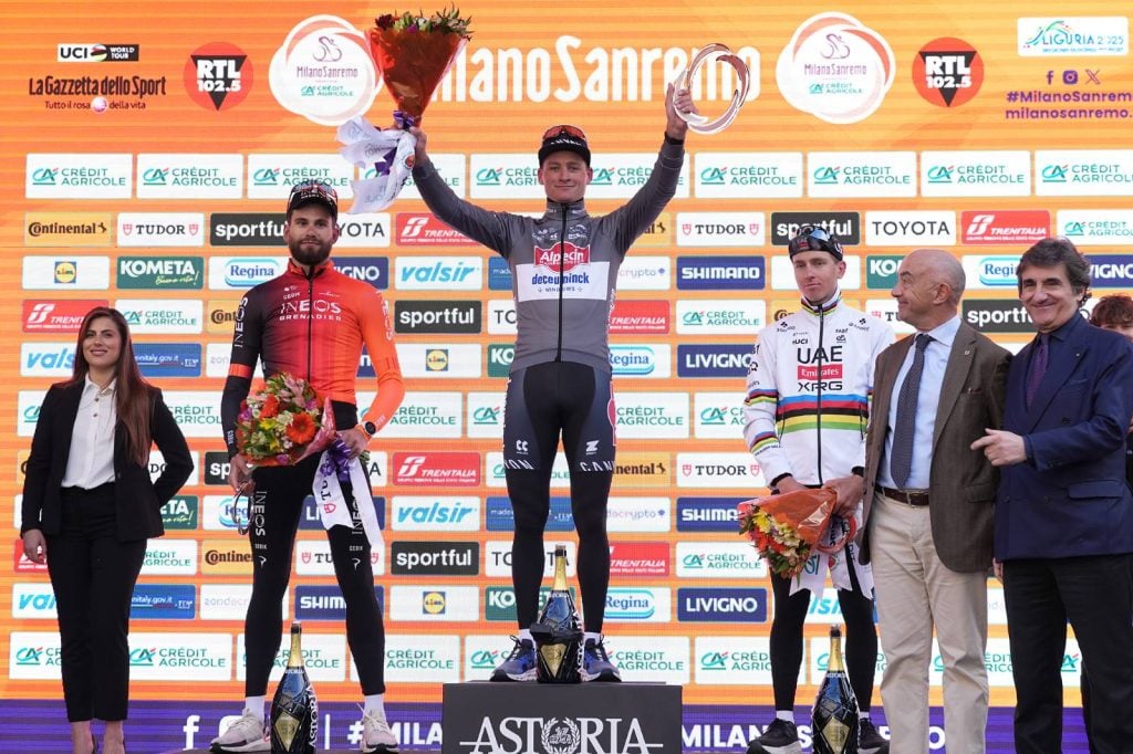 Storia e statistiche verso la Milano Sanremo 2026. Sarà uno splendido spettacolo 3 Il podio della Milano Sanremo 2025, in attesa della prossima sfida